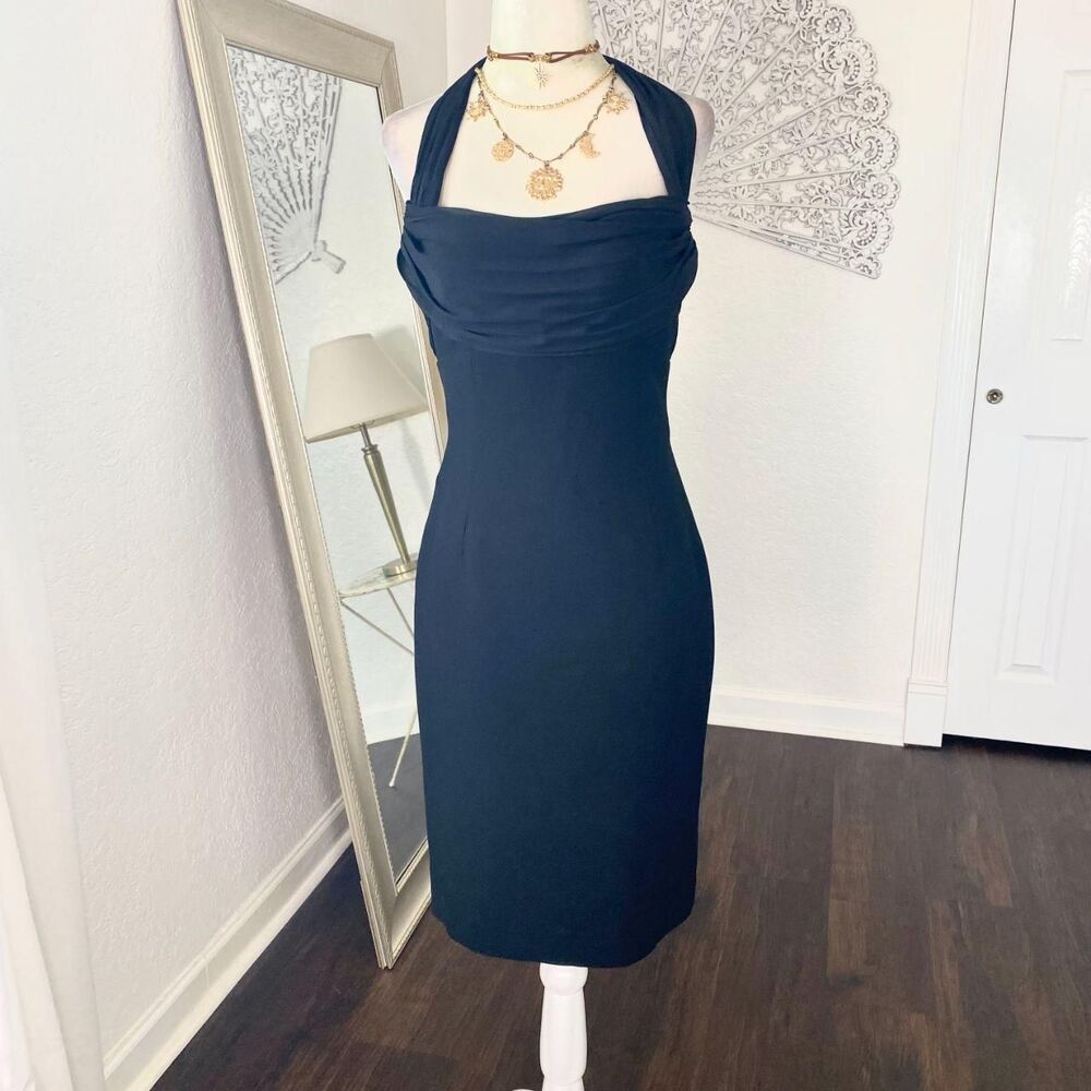 Maggy London Elegant Sexy Silk Halter Neck Bow Bodycon Little Black Dress 4 / S